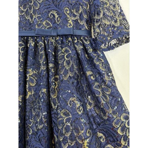 Sweet Kids Girls Blue Gold Lace Long Sleeve Midi Dress Sz 6 USA Formal Holidays - Picture 3 of 11